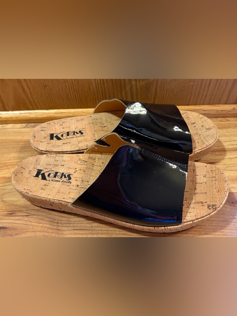 Korks By Kork-Ease Tutsi Sz 9 Vegan Shiny Black Slide Sandals Cork Platform Euc
